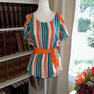 Women’s Trendy Boutique Striped Cut Out Shoulder Blouse With Tie Waist Sz Small